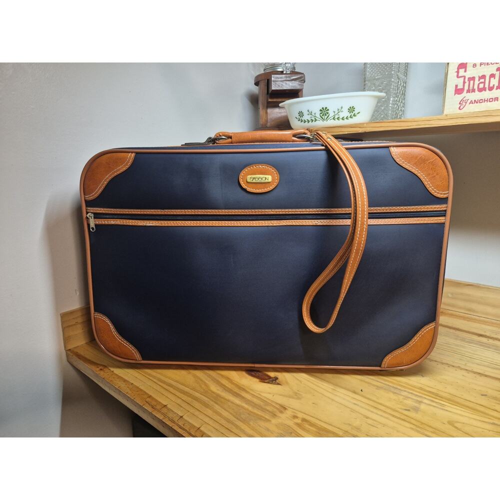 Vintage 90s Luggage Navy With Tan Leather Trim 24 ×18 × 9 Suitcase Luggage